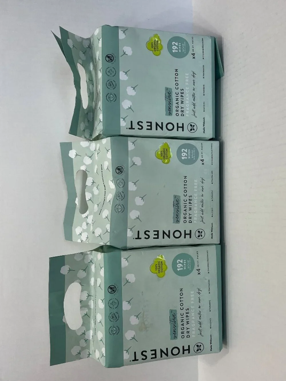 Honest Company 100% Organic Cotton DRY Wipes Multi-Use 192 ct x3 = 576 wipes